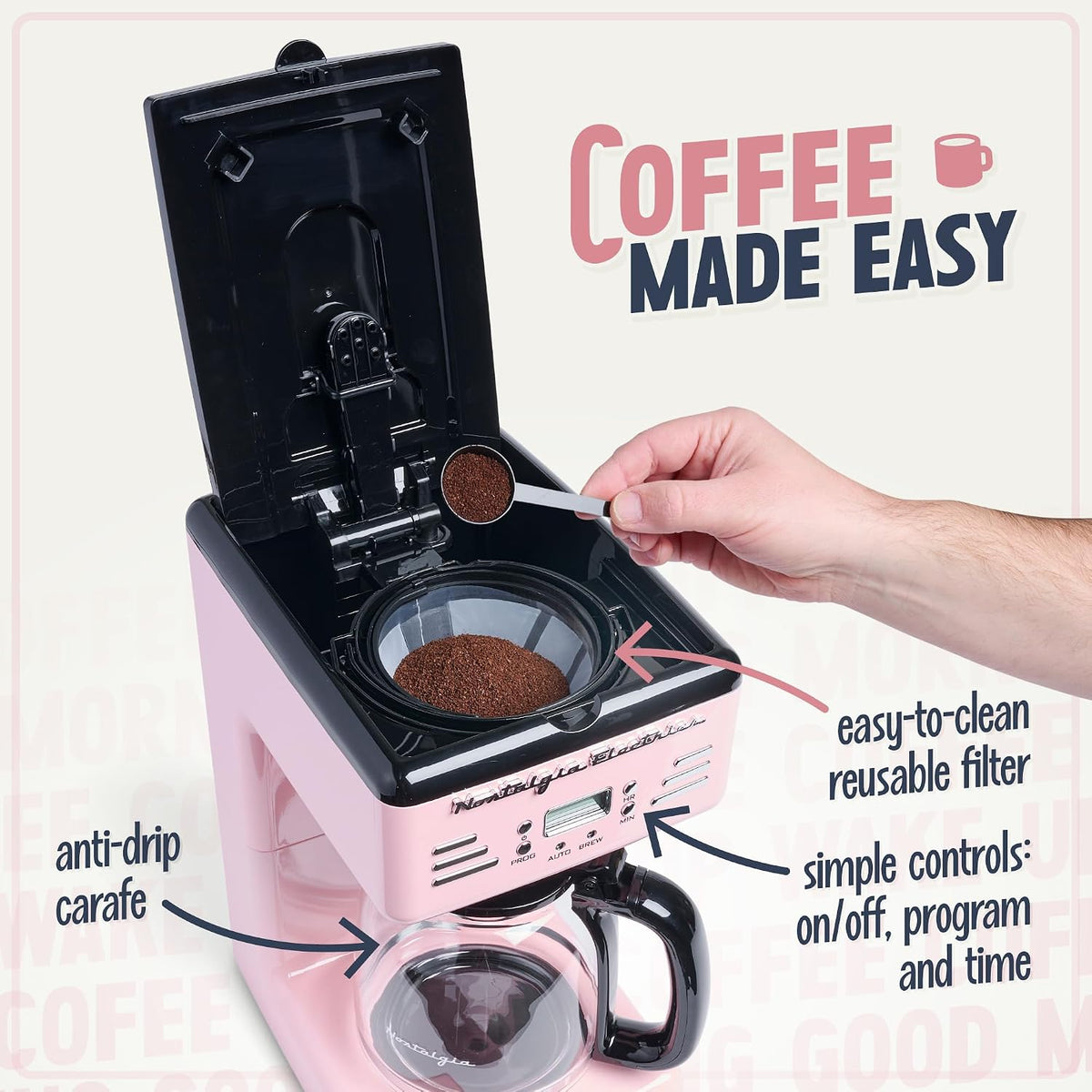 Retro 12-Cup Programmable Coffee Maker With LED Display, Automatic Shut-Off & Keep Warm, Pause-And-Serve Function, Pink