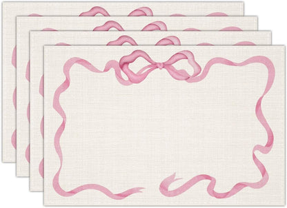 Pink Bow Linen Placemats Set of 4, Wedding Waterproof Washable Heat Resistant Place Mats 12x18 Inch, Table Mat for Restaurant Outdoor Indoor Home Kitchen Party Dining Decoration-10