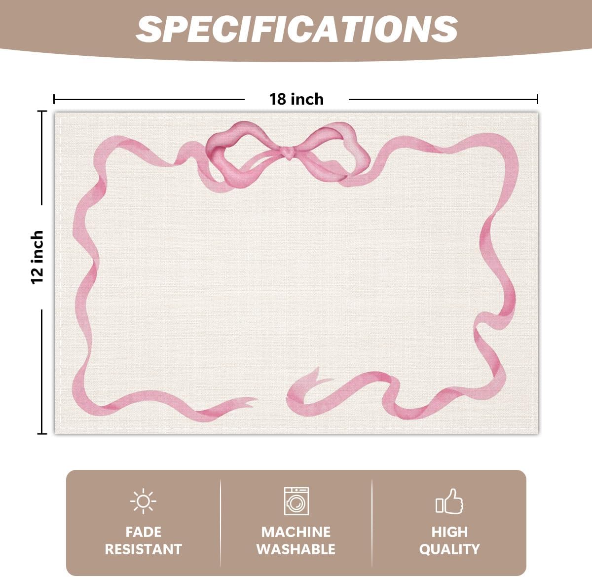 Pink Bow Linen Placemats Set of 4, Wedding Waterproof Washable Heat Resistant Place Mats 12x18 Inch, Table Mat for Restaurant Outdoor Indoor Home Kitchen Party Dining Decoration-10