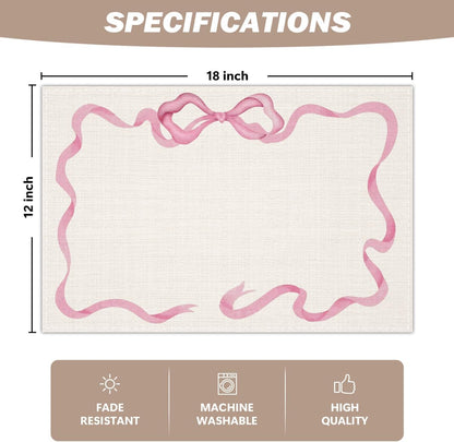 Pink Bow Linen Placemats Set of 4, Wedding Waterproof Washable Heat Resistant Place Mats 12x18 Inch, Table Mat for Restaurant Outdoor Indoor Home Kitchen Party Dining Decoration-10