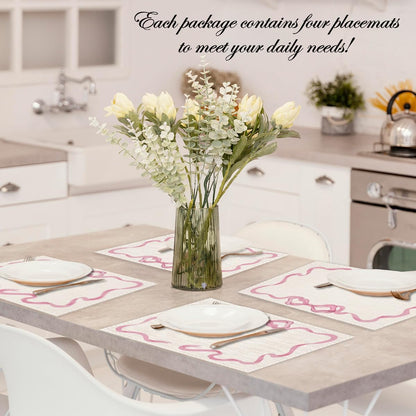 Pink Bow Linen Placemats Set of 4, Wedding Waterproof Washable Heat Resistant Place Mats 12x18 Inch, Table Mat for Restaurant Outdoor Indoor Home Kitchen Party Dining Decoration-10