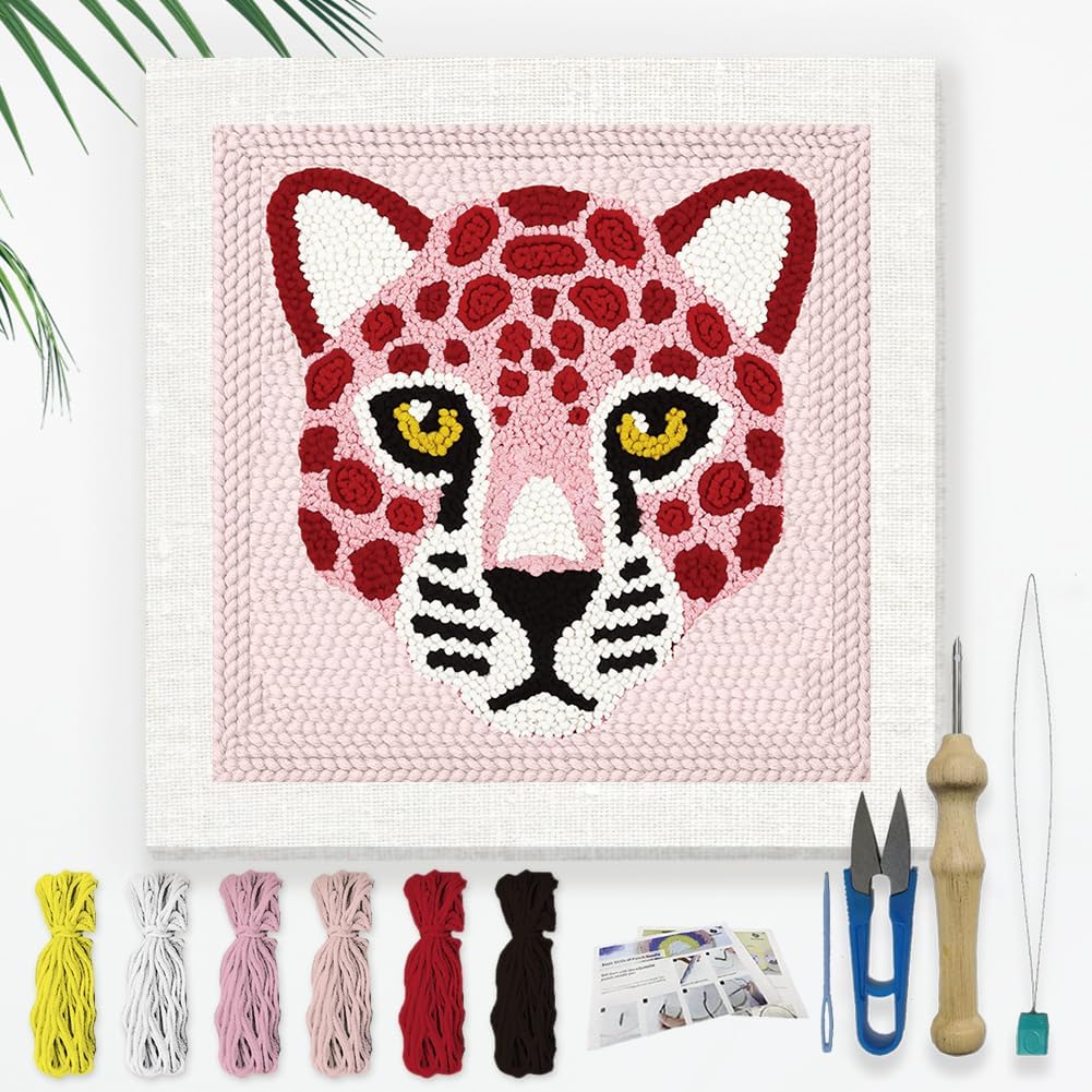 Pink Leopard DIY Punch Needle Embroidery Kit for Adult Beginner, 9.4" Pink Leopard Punch Stitching Craft Set for Starter with Frame, Fabric Pattern, Threader, Yarn, Pinch Needle