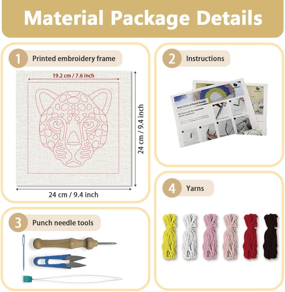 Pink Leopard DIY Punch Needle Embroidery Kit for Adult Beginner, 9.4" Pink Leopard Punch Stitching Craft Set for Starter with Frame, Fabric Pattern, Threader, Yarn, Pinch Needle