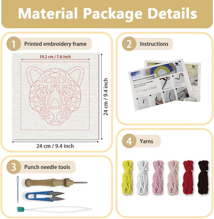 Pink Leopard DIY Punch Needle Embroidery Kit for Adult Beginner, 9.4" Pink Leopard Punch Stitching Craft Set for Starter with Frame, Fabric Pattern, Threader, Yarn, Pinch Needle