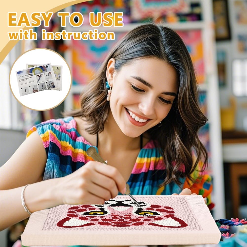 Pink Leopard DIY Punch Needle Embroidery Kit for Adult Beginner, 9.4" Pink Leopard Punch Stitching Craft Set for Starter with Frame, Fabric Pattern, Threader, Yarn, Pinch Needle