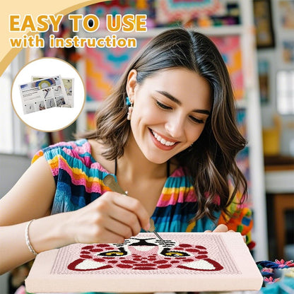 Pink Leopard DIY Punch Needle Embroidery Kit for Adult Beginner, 9.4" Pink Leopard Punch Stitching Craft Set for Starter with Frame, Fabric Pattern, Threader, Yarn, Pinch Needle