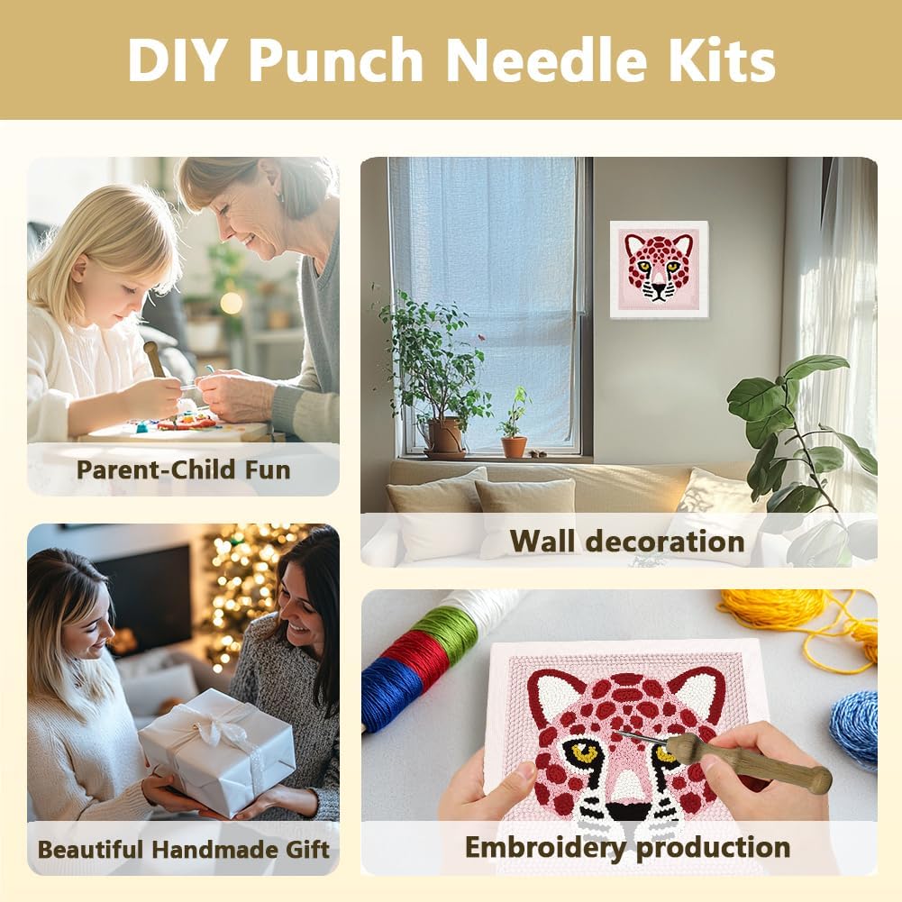 Pink Leopard DIY Punch Needle Embroidery Kit for Adult Beginner, 9.4" Pink Leopard Punch Stitching Craft Set for Starter with Frame, Fabric Pattern, Threader, Yarn, Pinch Needle