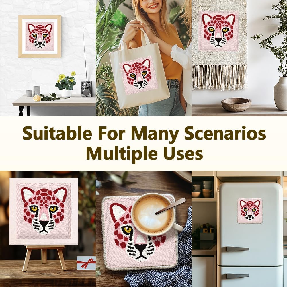 Pink Leopard DIY Punch Needle Embroidery Kit for Adult Beginner, 9.4" Pink Leopard Punch Stitching Craft Set for Starter with Frame, Fabric Pattern, Threader, Yarn, Pinch Needle