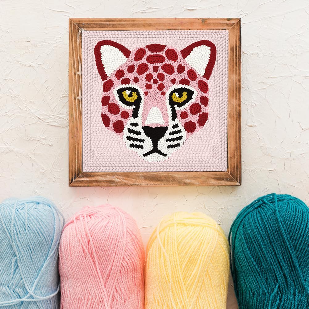 Pink Leopard DIY Punch Needle Embroidery Kit for Adult Beginner, 9.4" Pink Leopard Punch Stitching Craft Set for Starter with Frame, Fabric Pattern, Threader, Yarn, Pinch Needle