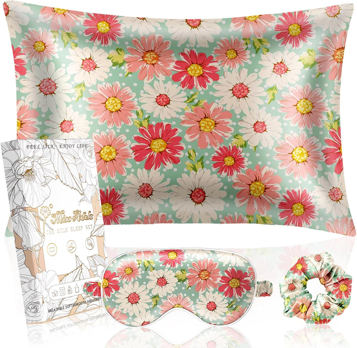 Silk Pillowcase Set, Standard 26x20 Inch, White Pink Daisy
