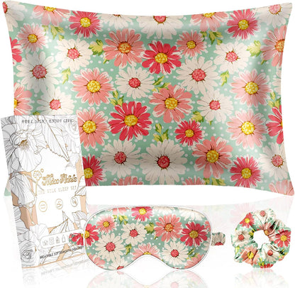 Silk Pillowcase Set, Standard 26x20 Inch, White Pink Daisy