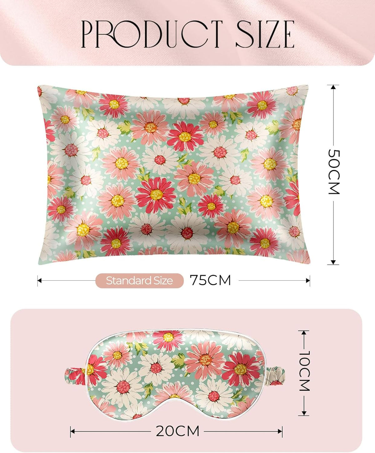 Silk Pillowcase Set, Standard 26x20 Inch, White Pink Daisy