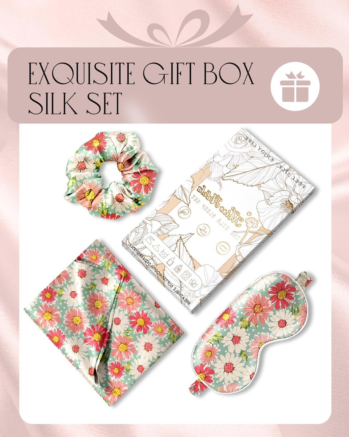 Silk Pillowcase Set, Standard 26x20 Inch, White Pink Daisy
