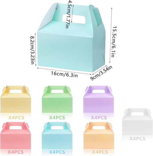 28 PCS Colorful Gable Gift Boxes for Snacks Treats and Goodies 7 Pastel Shades Available Purple Green Pink Yellow Orange Blue and White for Birthday Party Favors