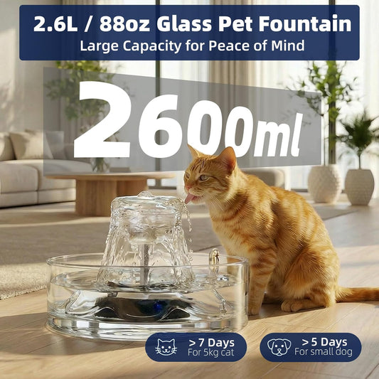 Glass Cat Water Fountain 88oz/2.6L, Cat & Dog Water Fountain for Drinking, Ultra-Quiet Glass Water Fountain for Cats Indoor, Pet Water Fountain for Multi-Cat Homes, Automatic Water Dispenser for Cats