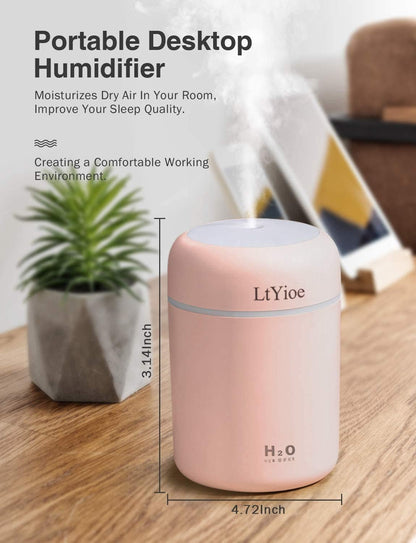 Colorful Cool Mini Humidifier, USB Personal Desktop Humidifier for Car, Office Room, Bedroom,etc. Auto Shut-Off, 2 Mist Modes, Super Quiet. (Pink)