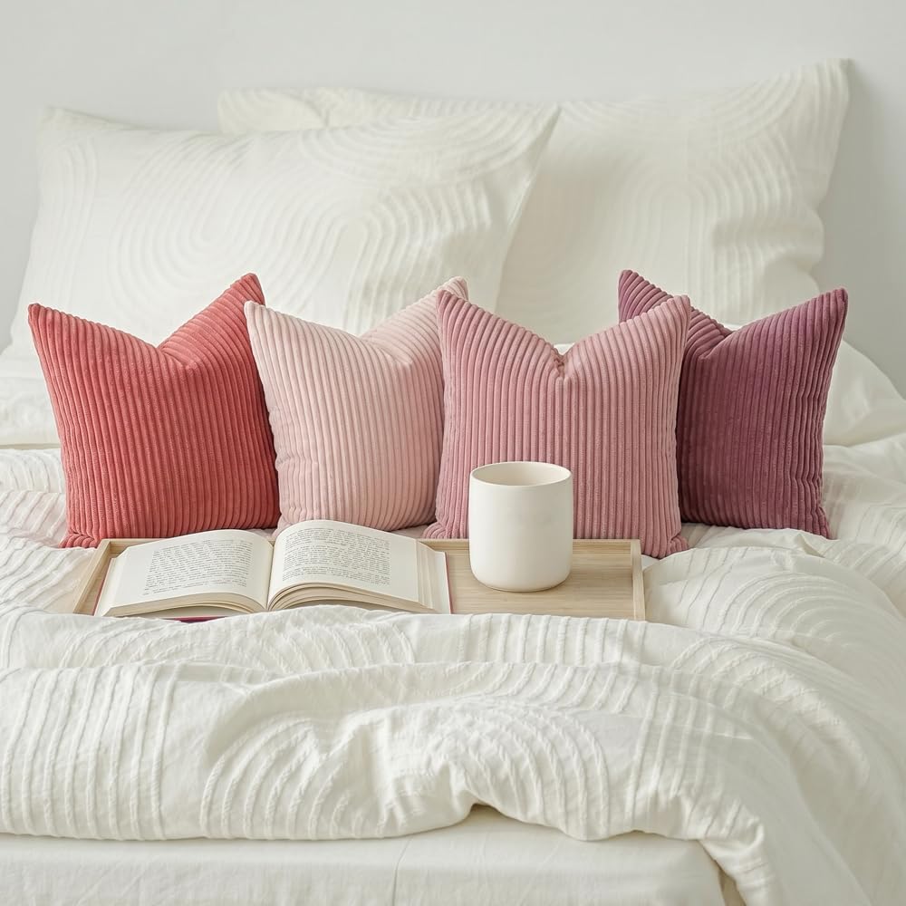 Decorative Corduroy Throw Pillow Covers 18x18 Inch Rose Pink