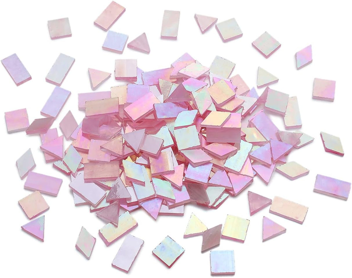 Lanyani Iridescent Stained Glass Mosaic Tiles for Art Craft, 200 Pieces, 4 Shapes Mixed,Pink Glimmer