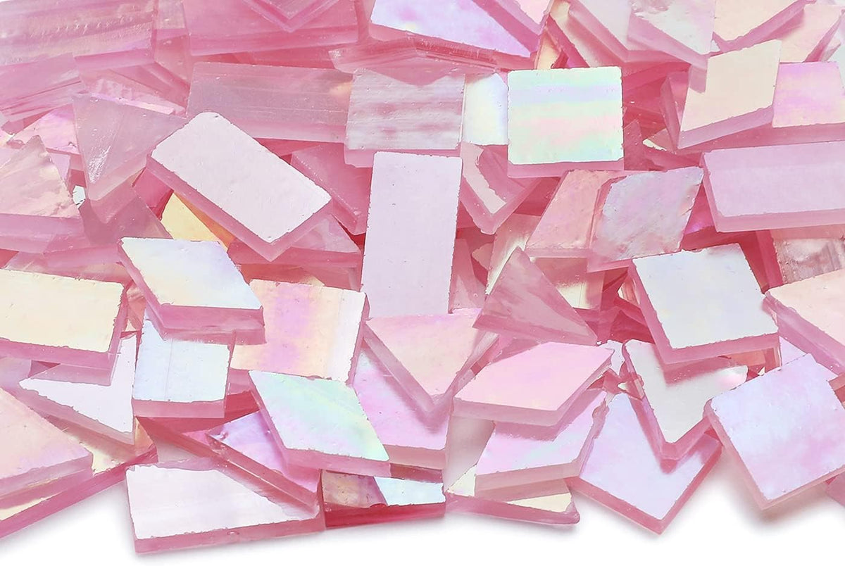 Lanyani Iridescent Stained Glass Mosaic Tiles for Art Craft, 200 Pieces, 4 Shapes Mixed,Pink Glimmer