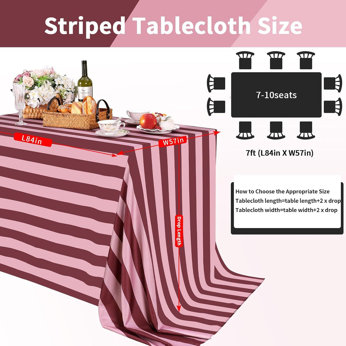 Table Cloth Red and Pink Striped Tablecloth - 57 x 84 Inch Romantic Waterproof Tablecloths Rectangle Polyester Table Covers for Birthday Wedding Ceremony Banquet Picnic Party Decorations