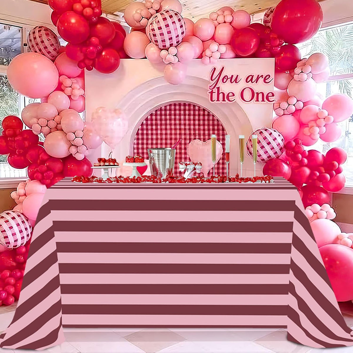 Table Cloth Red and Pink Striped Tablecloth - 57 x 84 Inch Romantic Waterproof Tablecloths Rectangle Polyester Table Covers for Birthday Wedding Ceremony Banquet Picnic Party Decorations