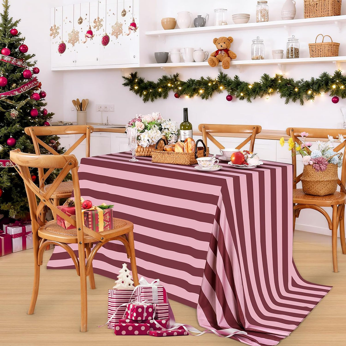 Table Cloth Red and Pink Striped Tablecloth - 57 x 84 Inch Romantic Waterproof Tablecloths Rectangle Polyester Table Covers for Birthday Wedding Ceremony Banquet Picnic Party Decorations