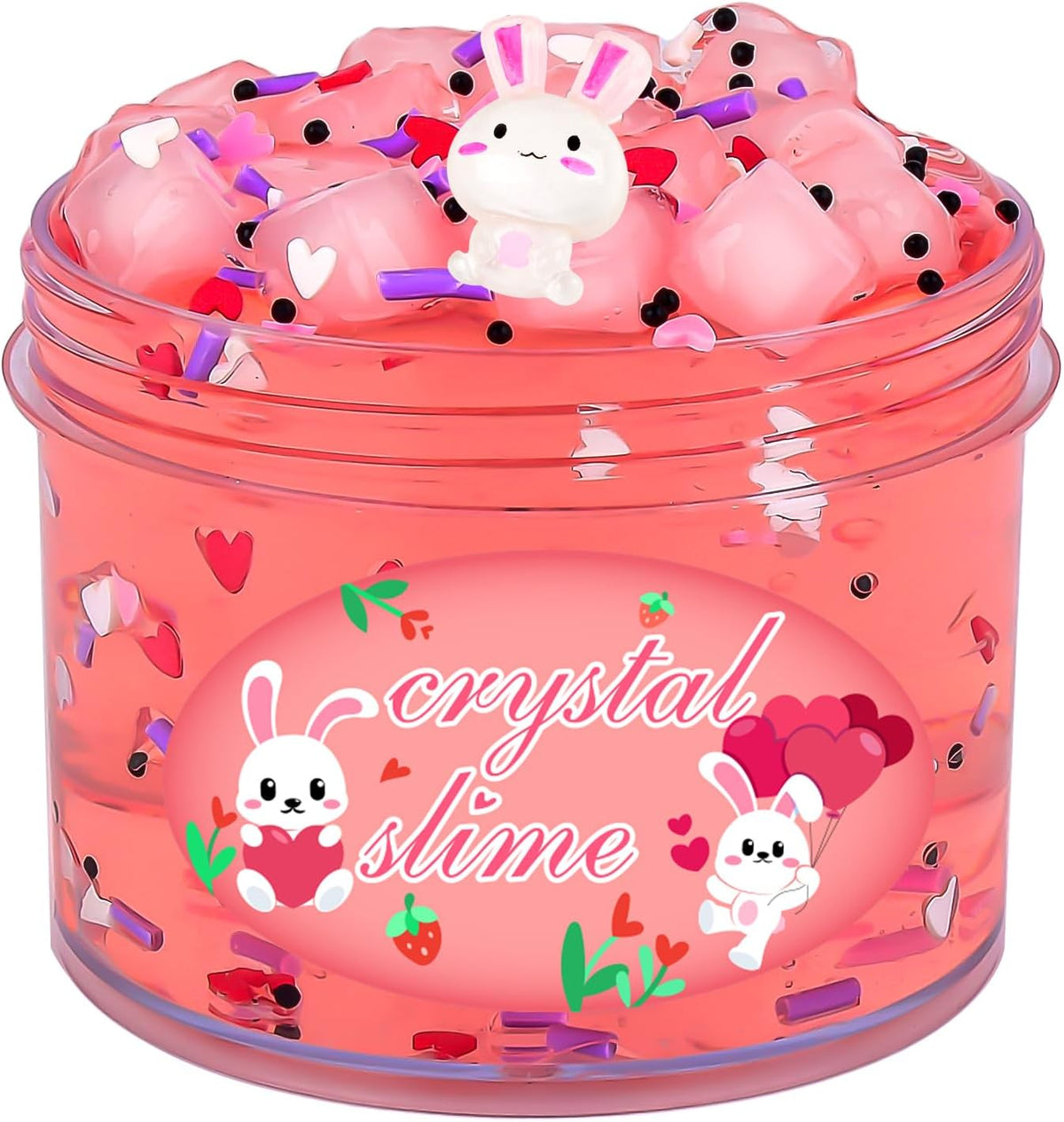 Prefilled Rabbit Jelly Cube Clear Crystal Slime Pack, Stretchy Non Sticky, Pink Bunny Slime with Heart Add-ins, Kids Party Favors, Classroom Rewards, Fidget Toy