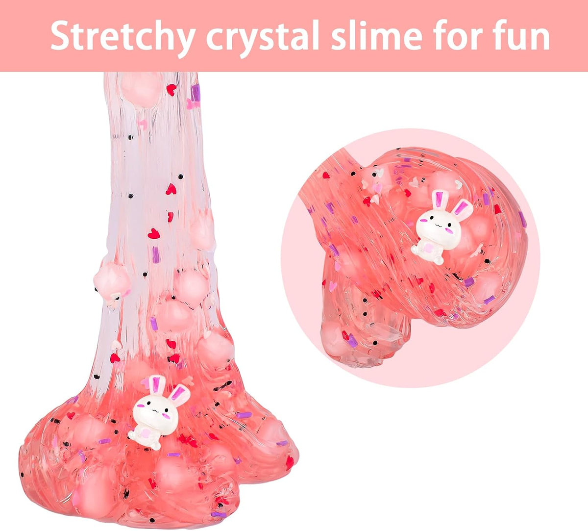 Prefilled Rabbit Jelly Cube Clear Crystal Slime Pack, Stretchy Non Sticky, Pink Bunny Slime with Heart Add-ins, Kids Party Favors, Classroom Rewards, Fidget Toy