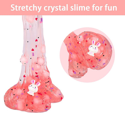 Prefilled Rabbit Jelly Cube Clear Crystal Slime Pack, Stretchy Non Sticky, Pink Bunny Slime with Heart Add-ins, Kids Party Favors, Classroom Rewards, Fidget Toy