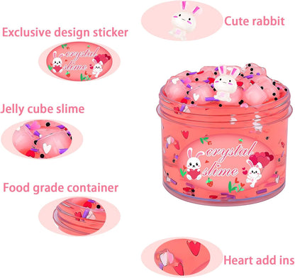 Prefilled Rabbit Jelly Cube Clear Crystal Slime Pack, Stretchy Non Sticky, Pink Bunny Slime with Heart Add-ins, Kids Party Favors, Classroom Rewards, Fidget Toy