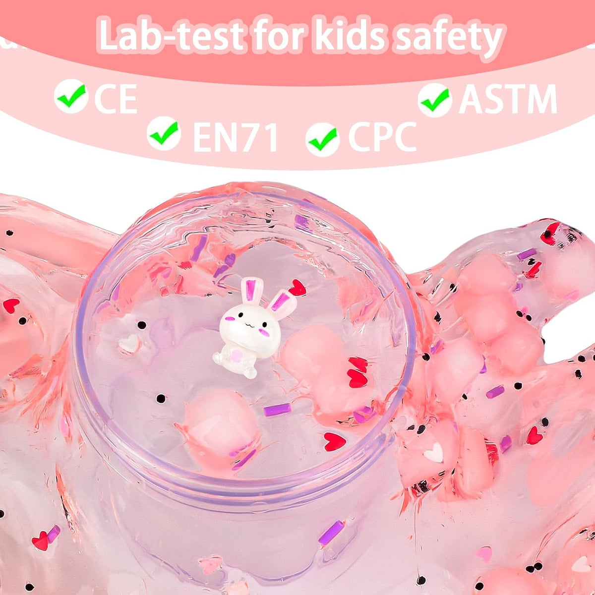 Prefilled Rabbit Jelly Cube Clear Crystal Slime Pack, Stretchy Non Sticky, Pink Bunny Slime with Heart Add-ins, Kids Party Favors, Classroom Rewards, Fidget Toy