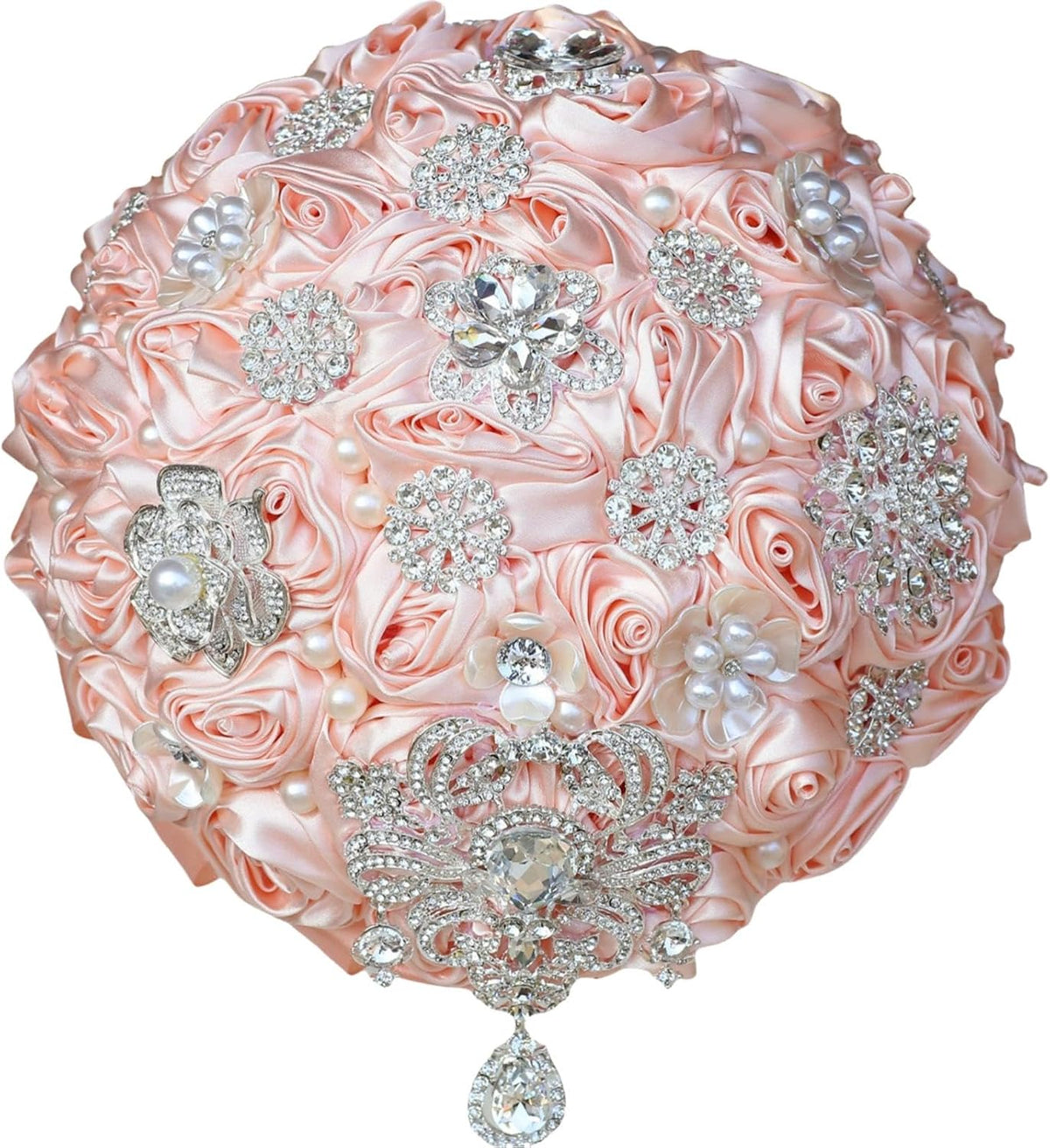 8.7in Large Pale Pink Bridal Wedding Bouquet Handmade with Luxury Silver Rhinestone Brooch Pearl for Bride Bridesmaid Quinceanera Satin Rose Bouquet Flower Wedding Pale Pink