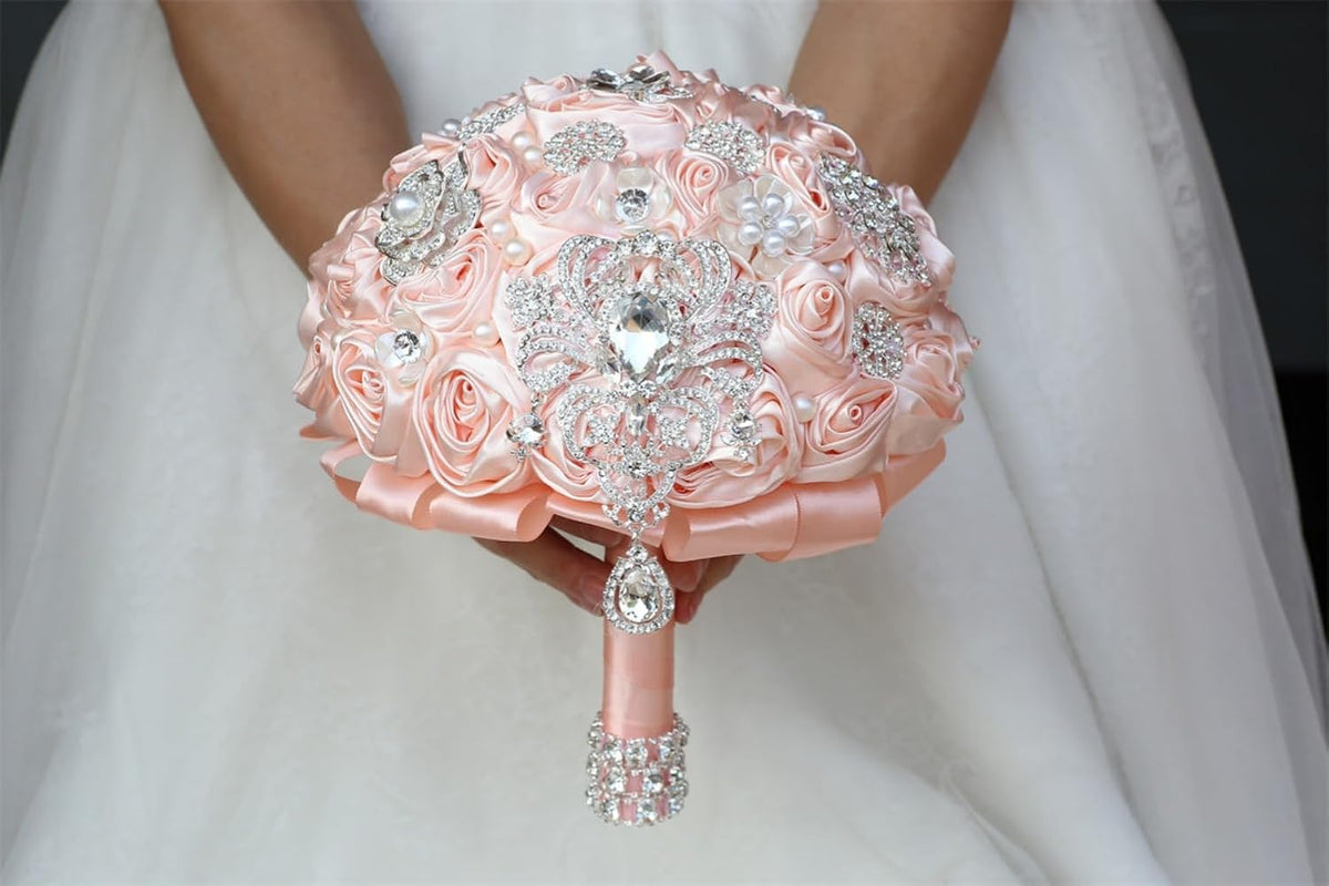 8.7in Large Pale Pink Bridal Wedding Bouquet Handmade with Luxury Silver Rhinestone Brooch Pearl for Bride Bridesmaid Quinceanera Satin Rose Bouquet Flower Wedding Pale Pink