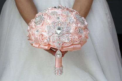 8.7in Large Pale Pink Bridal Wedding Bouquet Handmade with Luxury Silver Rhinestone Brooch Pearl for Bride Bridesmaid Quinceanera Satin Rose Bouquet Flower Wedding Pale Pink