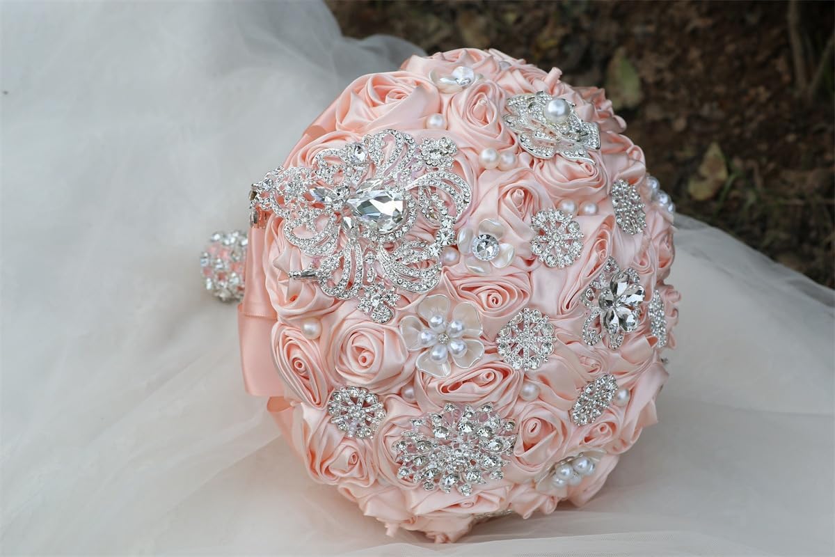 8.7in Large Pale Pink Bridal Wedding Bouquet Handmade with Luxury Silver Rhinestone Brooch Pearl for Bride Bridesmaid Quinceanera Satin Rose Bouquet Flower Wedding Pale Pink