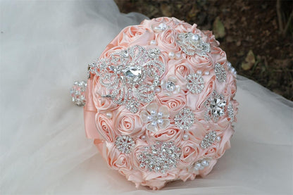 8.7in Large Pale Pink Bridal Wedding Bouquet Handmade with Luxury Silver Rhinestone Brooch Pearl for Bride Bridesmaid Quinceanera Satin Rose Bouquet Flower Wedding Pale Pink