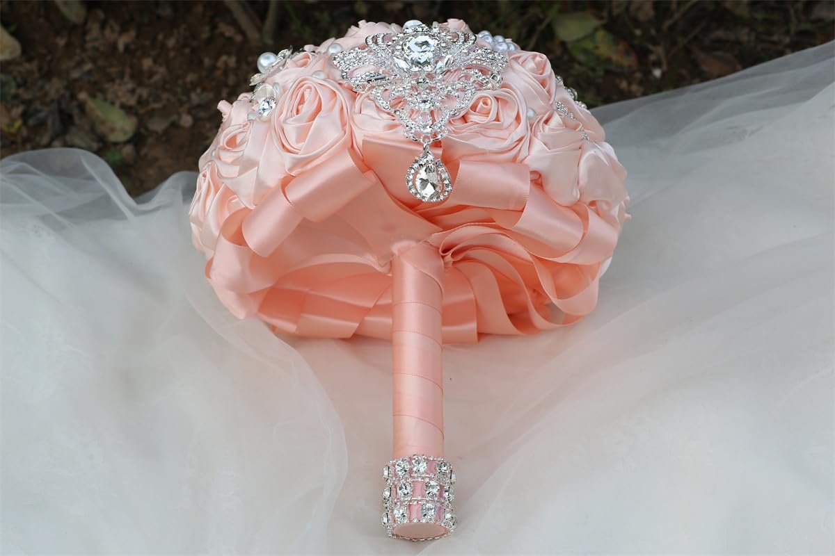 8.7in Large Pale Pink Bridal Wedding Bouquet Handmade with Luxury Silver Rhinestone Brooch Pearl for Bride Bridesmaid Quinceanera Satin Rose Bouquet Flower Wedding Pale Pink