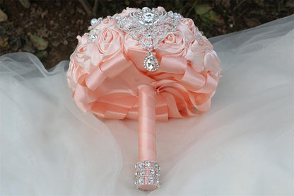 8.7in Large Pale Pink Bridal Wedding Bouquet Handmade with Luxury Silver Rhinestone Brooch Pearl for Bride Bridesmaid Quinceanera Satin Rose Bouquet Flower Wedding Pale Pink
