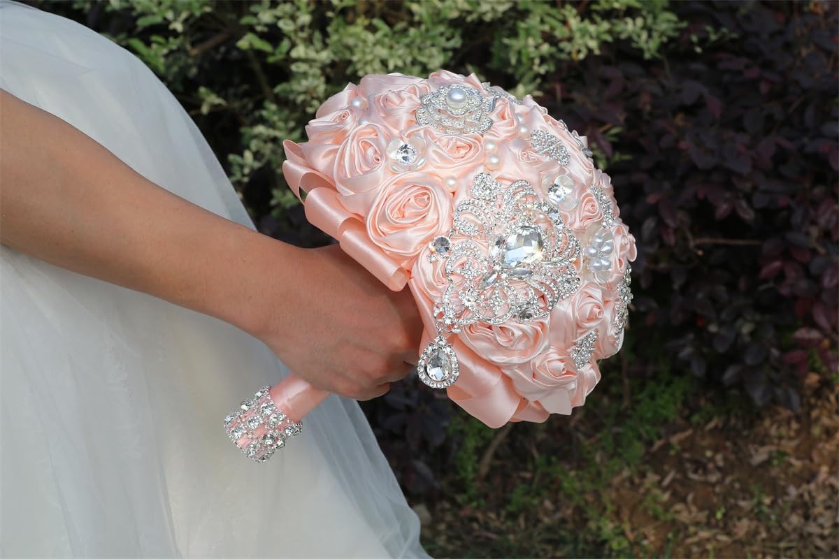 8.7in Large Pale Pink Bridal Wedding Bouquet Handmade with Luxury Silver Rhinestone Brooch Pearl for Bride Bridesmaid Quinceanera Satin Rose Bouquet Flower Wedding Pale Pink