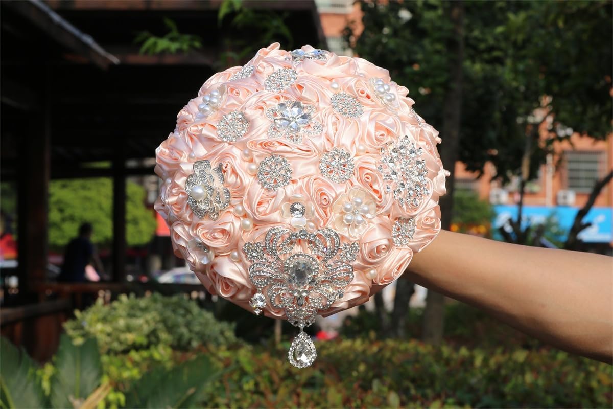 8.7in Large Pale Pink Bridal Wedding Bouquet Handmade with Luxury Silver Rhinestone Brooch Pearl for Bride Bridesmaid Quinceanera Satin Rose Bouquet Flower Wedding Pale Pink