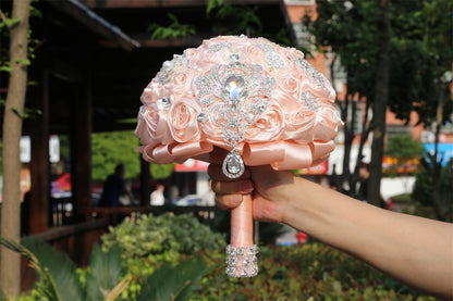 8.7in Large Pale Pink Bridal Wedding Bouquet Handmade with Luxury Silver Rhinestone Brooch Pearl for Bride Bridesmaid Quinceanera Satin Rose Bouquet Flower Wedding Pale Pink