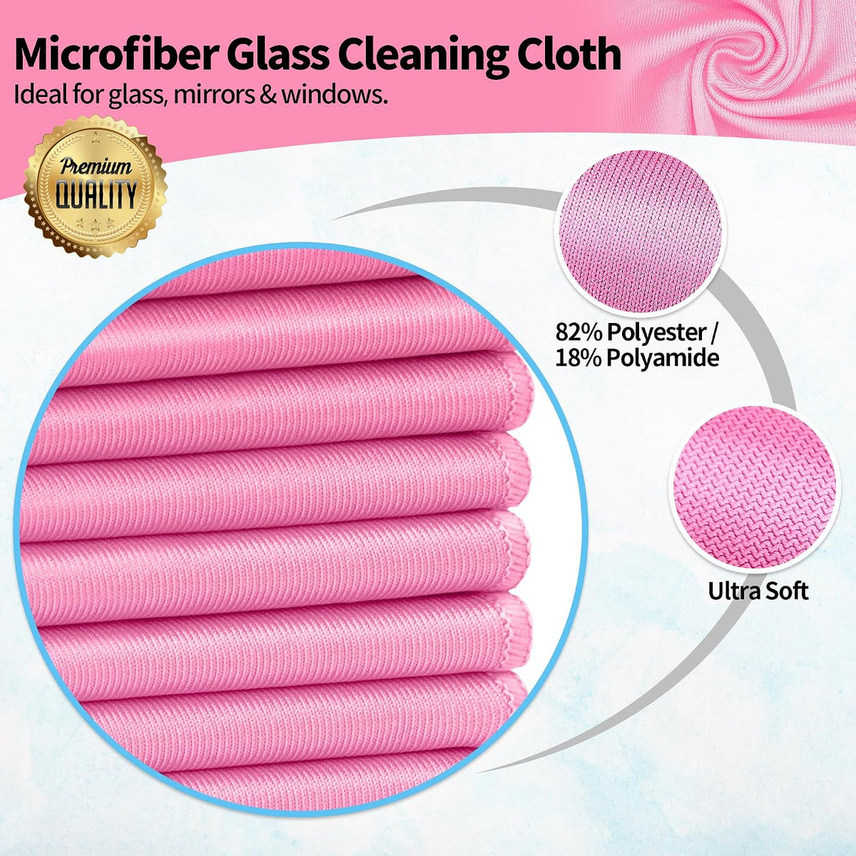Microfiber Cleaning Cloth, 12 Pack Window Glasses Cleaning Cloth, Reusable Lint-Free Streak Free Polishing Cloth Wipes for Stainless Steel, Eyeglasses, Mirrors, Screens & Lenses,12"*12" Pink