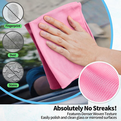 Microfiber Cleaning Cloth, 12 Pack Window Glasses Cleaning Cloth, Reusable Lint-Free Streak Free Polishing Cloth Wipes for Stainless Steel, Eyeglasses, Mirrors, Screens & Lenses,12"*12" Pink