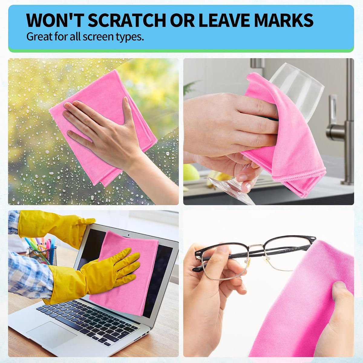 Microfiber Cleaning Cloth, 12 Pack Window Glasses Cleaning Cloth, Reusable Lint-Free Streak Free Polishing Cloth Wipes for Stainless Steel, Eyeglasses, Mirrors, Screens & Lenses,12"*12" Pink