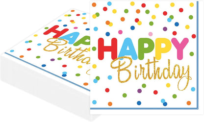 50 Pcs Happy Birthday Paper Napkins 13 x 13 Inches, Disposable Luncheon Dinner Party Napkins Colourful Dots Theme for Cocktail Birthday Party Decorations (Birthday)