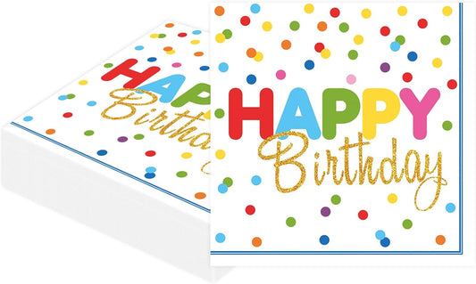 50 Pcs Happy Birthday Paper Napkins 13 x 13 Inches, Disposable Luncheon Dinner Party Napkins Colourful Dots Theme for Cocktail Birthday Party Decorations (Birthday)