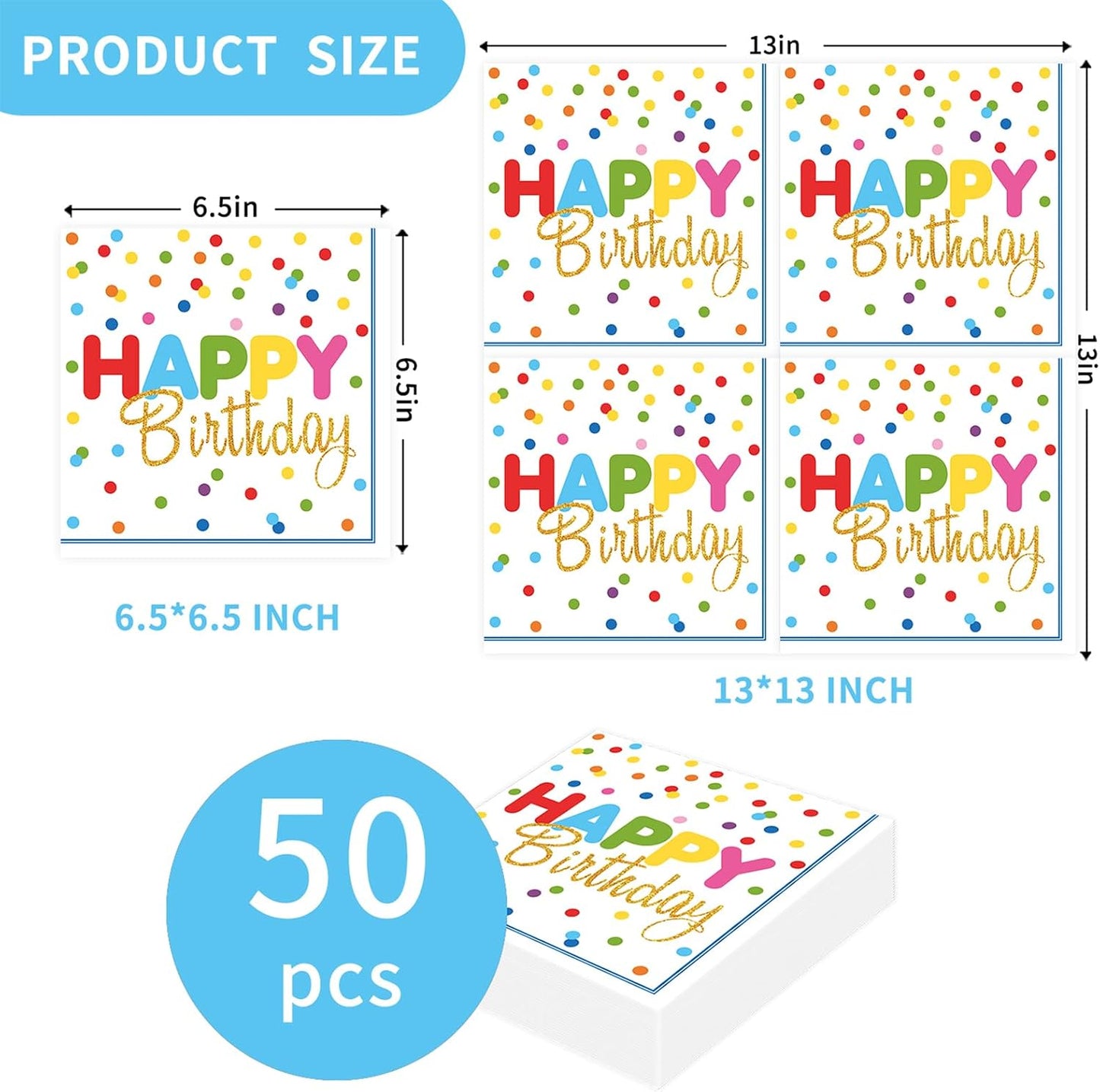 50 Pcs Happy Birthday Paper Napkins 13 x 13 Inches, Disposable Luncheon Dinner Party Napkins Colourful Dots Theme for Cocktail Birthday Party Decorations (Birthday)