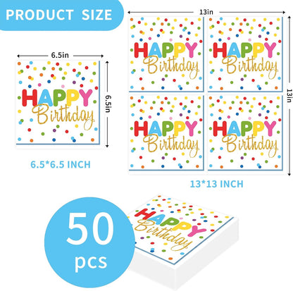 50 Pcs Happy Birthday Paper Napkins 13 x 13 Inches, Disposable Luncheon Dinner Party Napkins Colourful Dots Theme for Cocktail Birthday Party Decorations (Birthday)