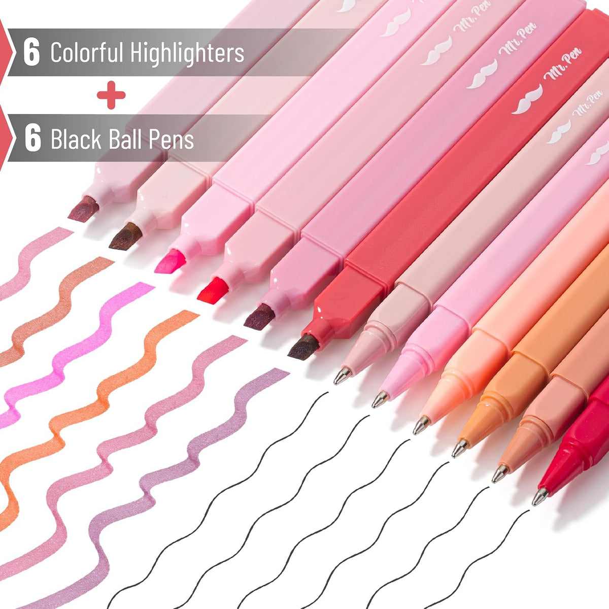 Aesthetic Highlighters and Ballpoint Pens No Bleed, 12 Pack