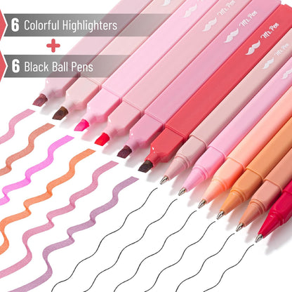 Aesthetic Highlighters and Ballpoint Pens No Bleed, 12 Pack